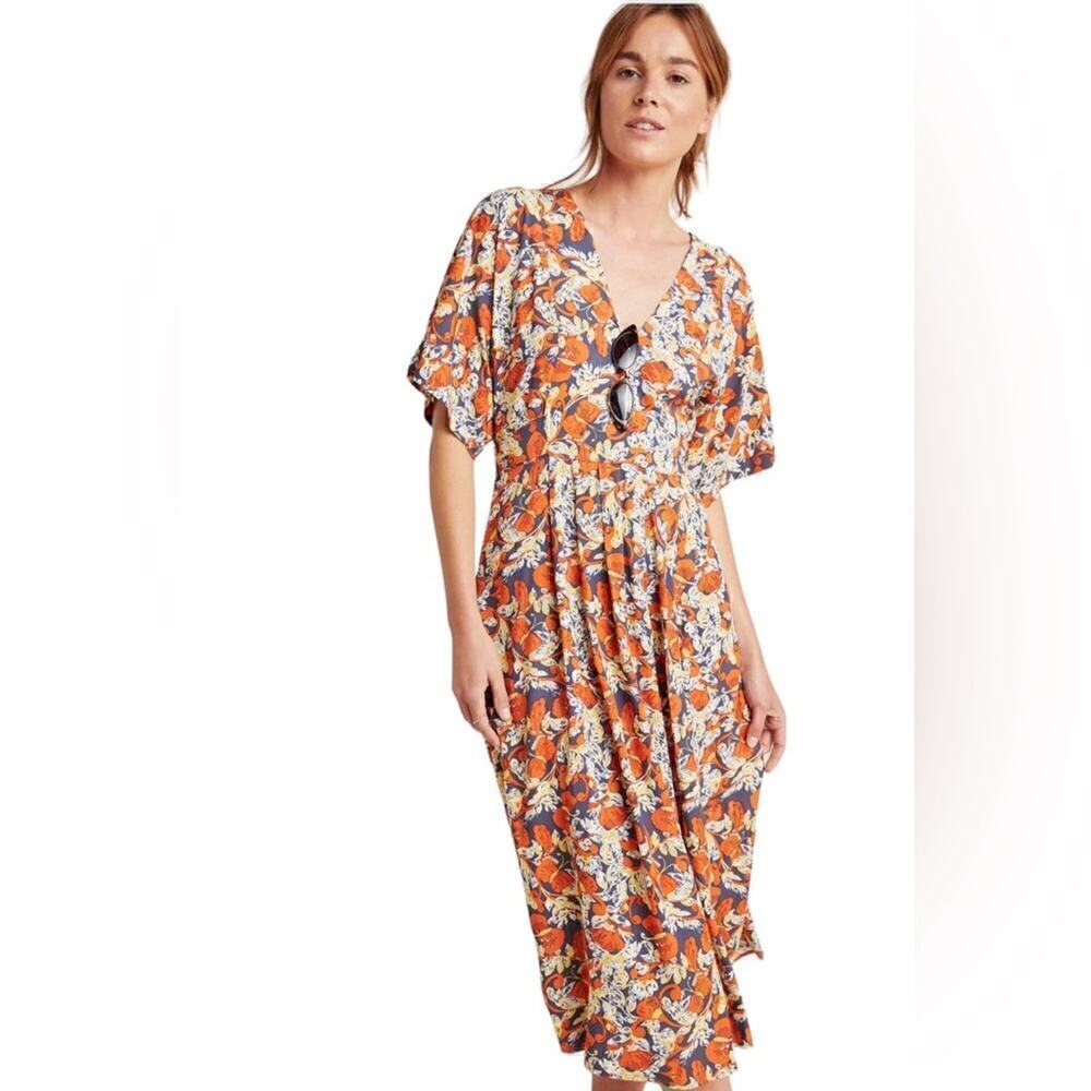 Anthropologie porridge Les Papillons Midi Dress floral extra small petite